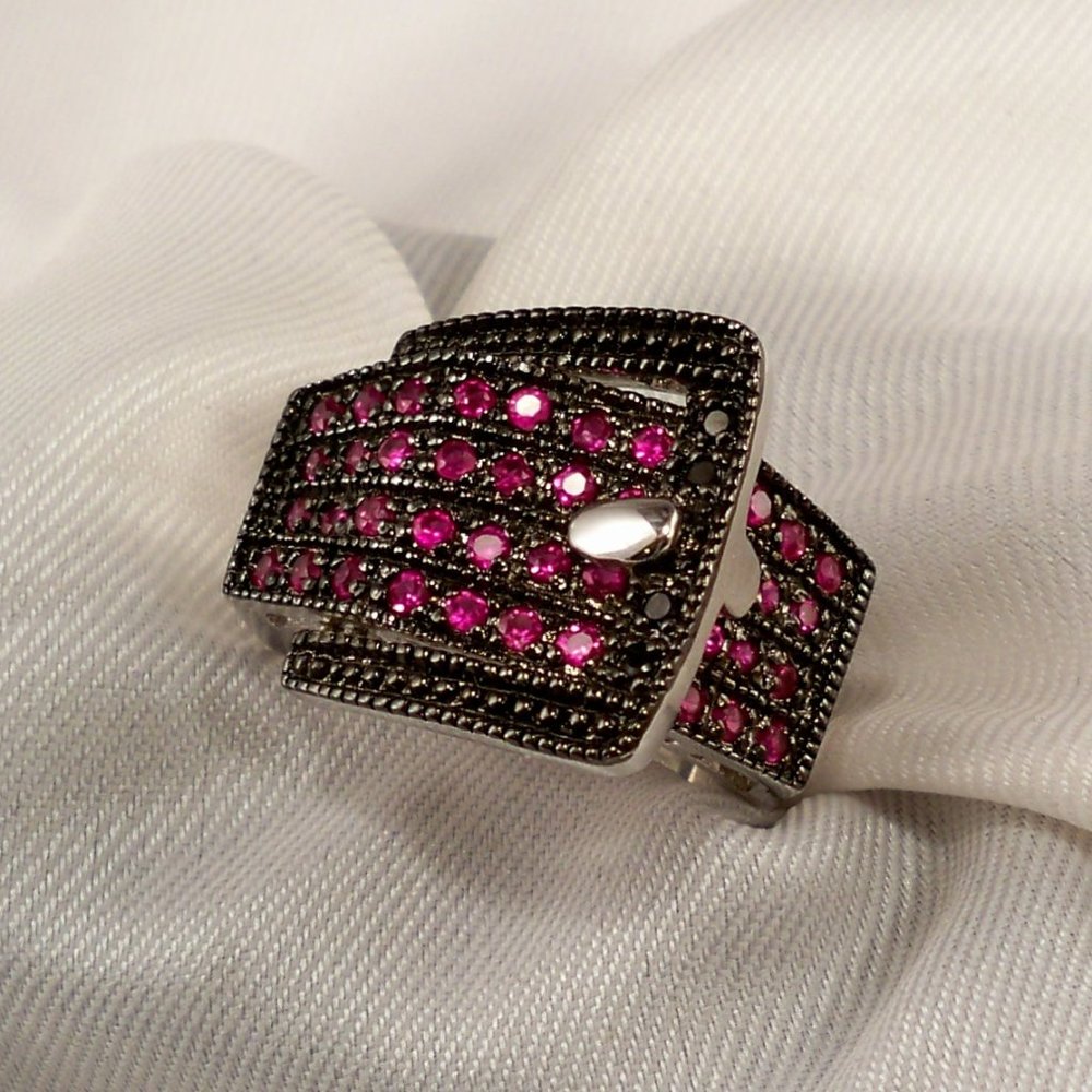 NEW Pink Cubic Zirconias Silver Buckle Vintage DESIGNER Ring